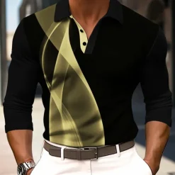 Men's Striped Waffle Polo Shirts Long Sleeve Polo Shirts Collar Business Casual Formal Outdoor Vacation Dailywear Buttons 3D Print Spring Fall Winter Black Yellow Red