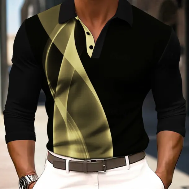 Men's Striped Waffle Polo Shirts Long Sleeve Polo Shirts Collar Business Casual Formal Outdoor Vacation Dailywear Buttons 3D Print Spring Fall Winter Black Yellow Red