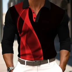 Men's Striped Waffle Polo Shirts Long Sleeve Polo Shirts Collar Business Casual Formal Outdoor Vacation Dailywear Buttons 3D Print Spring Fall Winter Black Yellow Red