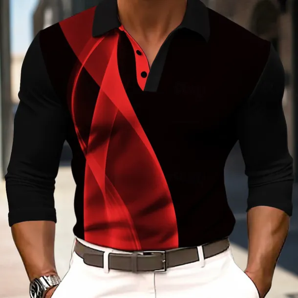 Men's Striped Waffle Polo Shirts Long Sleeve Polo Shirts Collar Business Casual Formal Outdoor Vacation Dailywear Buttons 3D Print Spring Fall Winter Black Yellow Red