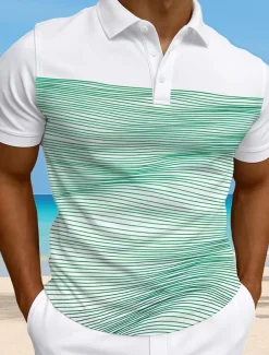 Men's Striped Waves Polo Short Sleeve Polo Collar Vacation Athleisure Casual Daily 3D Print Buttons Summer Violet Robin's Egg Blue Green