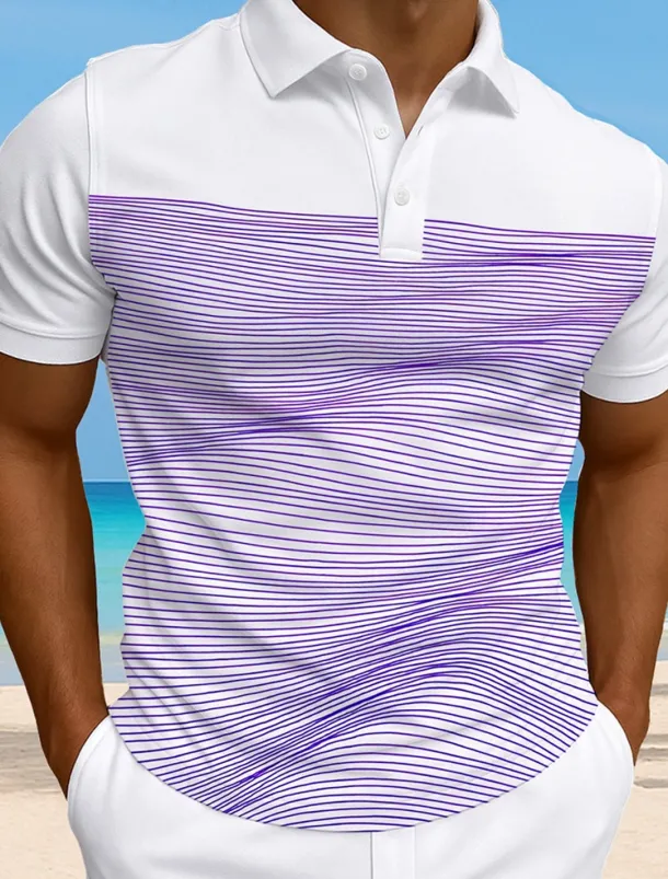 Men's Striped Waves Polo Short Sleeve Polo Collar Vacation Athleisure Casual Daily 3D Print Buttons Summer Violet Robin's Egg Blue Green