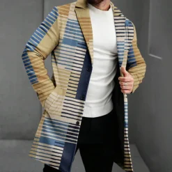 Men's Striped Winter Coat Fleece Jacket Overcoat Thermal Comfortable Business Casual Formal Daily Wear Buttons 3D Print Front Pocket Winter Turndown Long Sleeve Yellow