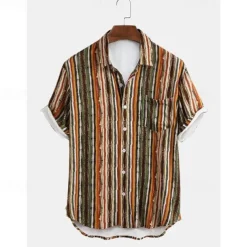 Men's Stripes Button Up Shirt Short Sleeve Vintage Hawaiian Dailywear Causal Casual Summer Spring Collared Shirts Pocket 3D Print Yellow Blue Green