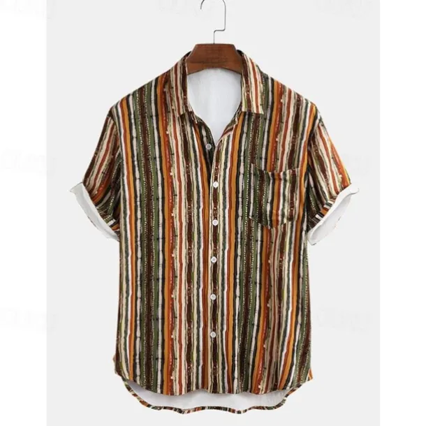 Men's Stripes Button Up Shirt Short Sleeve Vintage Hawaiian Dailywear Causal Casual Summer Spring Collared Shirts Pocket 3D Print Yellow Blue Green