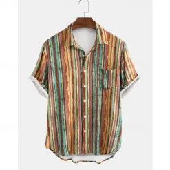 Men's Stripes Button Up Shirt Short Sleeve Vintage Hawaiian Dailywear Causal Casual Summer Spring Collared Shirts Pocket 3D Print Yellow Blue Green