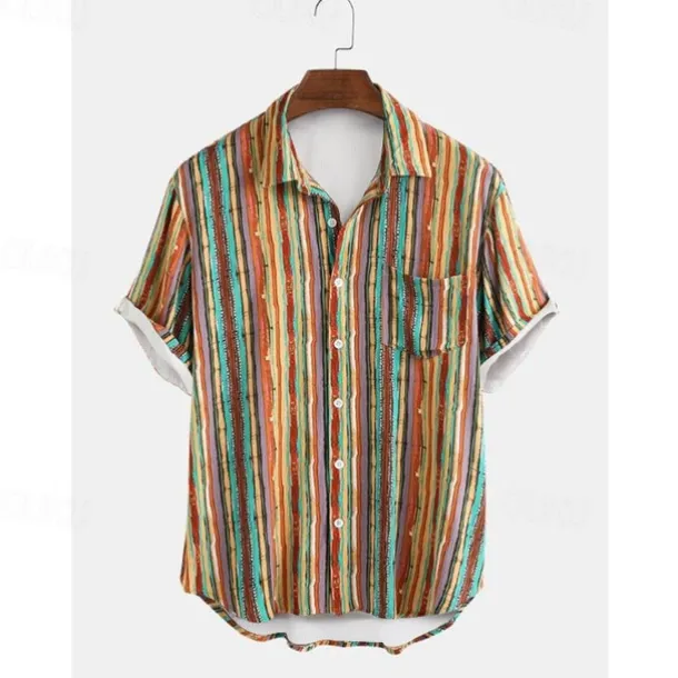 Men's Stripes Button Up Shirt Short Sleeve Vintage Hawaiian Dailywear Causal Casual Summer Spring Collared Shirts Pocket 3D Print Yellow Blue Green
