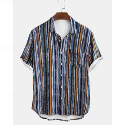 Men's Stripes Button Up Shirt Short Sleeve Vintage Hawaiian Dailywear Causal Casual Summer Spring Collared Shirts Pocket 3D Print Yellow Blue Green