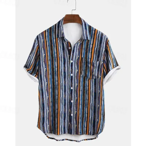 Men's Stripes Button Up Shirt Short Sleeve Vintage Hawaiian Dailywear Causal Casual Summer Spring Collared Shirts Pocket 3D Print Yellow Blue Green