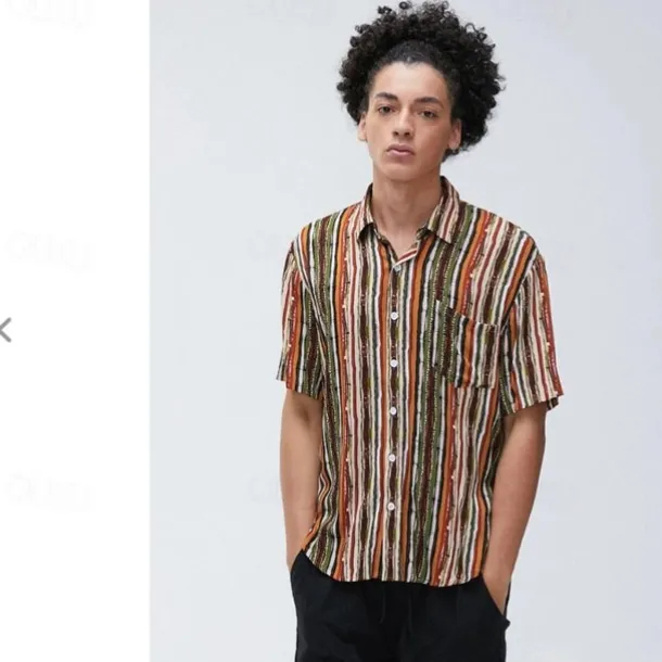 Men's Stripes Button Up Shirt Short Sleeve Vintage Hawaiian Dailywear Causal Casual Summer Spring Collared Shirts Pocket 3D Print Yellow Blue Green