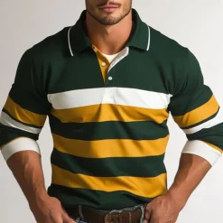Men's Stripes Rugby Polo Cable Knit Polo Long Sleeve Polo Shirts Collared Shirts Casual Outdoor Athleisure 3D Print Spring Fall Green