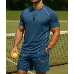Men's Stripes Sports Set Tennis Set Two-piece Suit Short Sleeves Sweat-Wicking Moisture Wicking Breathable Tennis Golf Pickleball Crew Neck Black Royal Blue Khaki Tennis Clothing