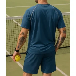 Men's Stripes Sports Set Tennis Set Two-piece Suit Short Sleeves Sweat-Wicking Moisture Wicking Breathable Tennis Golf Pickleball Crew Neck Black Royal Blue Khaki Tennis Clothing