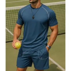 Men's Stripes Sports Set Tennis Set Two-piece Suit Short Sleeves Sweat-Wicking Moisture Wicking Breathable Tennis Golf Pickleball Crew Neck Black Royal Blue Khaki Tennis Clothing