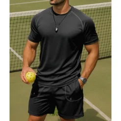 Men's Stripes Sports Set Tennis Set Two-piece Suit Short Sleeves Sweat-Wicking Moisture Wicking Breathable Tennis Golf Pickleball Crew Neck Black Royal Blue Khaki Tennis Clothing