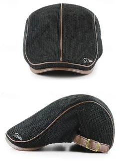 Men's Stylish Black Newsboy Cap with Leather Trim, Breathable Fabric, Adjustable Fit – Casual Vintage Flat Hat for Everyday Wear and Outdoor Activities