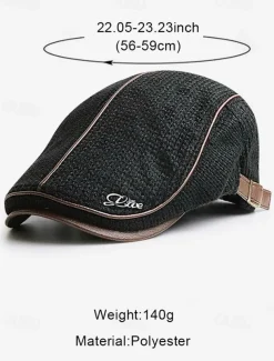 Men's Stylish Black Newsboy Cap with Leather Trim, Breathable Fabric, Adjustable Fit – Casual Vintage Flat Hat for Everyday Wear and Outdoor Activities