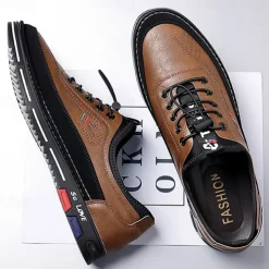 Men's Stylish Brown Faux Leather Casual Shoes with Black Contrast Detail, Comfortable Fit and Durable Sole, Ideal for Everyday Wear and Smart Casual Occasions