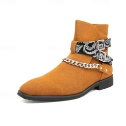 Men's Suede Ankle Boots with Skull Print Straps and Chain Detail - Stylish Western-Inspired Design for Casual and Festival Wear