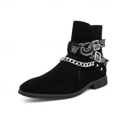 Men's Suede Ankle Boots with Skull Print Straps and Chain Detail - Stylish Western-Inspired Design for Casual and Festival Wear