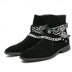 Men's Suede Ankle Boots with Skull Print Straps and Chain Detail - Stylish Western-Inspired Design for Casual and Festival Wear