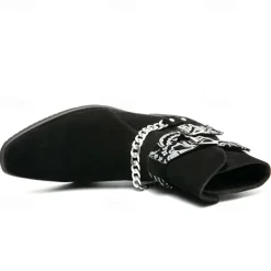 Men's Suede Ankle Boots with Skull Print Straps and Chain Detail - Stylish Western-Inspired Design for Casual and Festival Wear