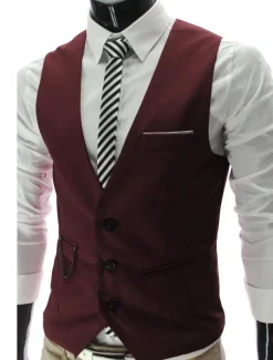 Men's Suit Vest Waistcoat Formal Wedding Work Business / Ceremony / Wedding Fashion 1920s All Seasons Polyester Solid Colored V Neck Slim Wine Black White Navy Blue Vest