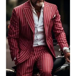 Men's Suits Blazer Business Cocktail Party Wedding Party Fashion Casual Spring & Fall Polyester Stripes Pocket 2 Piece Comfortable Single Breasted Blazer Red Blue Green