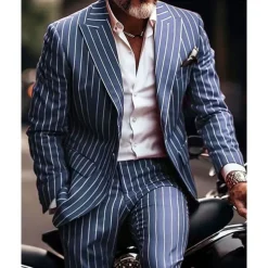 Men's Suits Blazer Business Cocktail Party Wedding Party Fashion Casual Spring & Fall Polyester Stripes Pocket 2 Piece Comfortable Single Breasted Blazer Red Blue Green