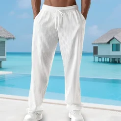 Men's Summer Pants Beach Pants Casual Pants Pocket Elastic Waist Drawstring Plain Comfort Breathable Vacation Daily Holiday Hawaiian Boho Black White