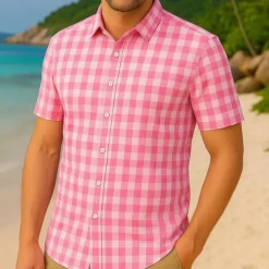 Men's Summer Shirt Casual Shirt Beach Shirt Button Up Shirt Black Pink Sky Blue Short Sleeve Plaid / Check Lapel Vacation Hawaiian Button-Down Clothing Apparel Polyester Fashion Casual Bavarian