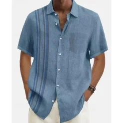 Men's Summer Shirt Casual Shirt Beach Shirt Button Up Shirt Blue Green Short Sleeve Pattern Stripes Lapel Vacation Hawaiian Clothing Apparel Polyester Fashion Casual Comfortable