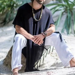 Men's Summer Shirt Casual Shirt Beach Shirt Cotton Shirt Shrugs Black Short Sleeve Solid / Plain Color V Neck Vacation Hawaiian Clothing Apparel Fashion Casual Comfortable