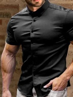 Men's Summer Shirt Casual Shirt Button Up Shirt Black White Red Green Dark Blue Short Sleeve Plain Turndown Vacation Street Button-Down Clothing Apparel Fashion Leisure