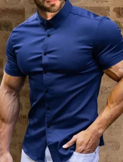 Men's Summer Shirt Casual Shirt Button Up Shirt Black White Red Green Dark Blue Short Sleeve Plain Turndown Vacation Street Button-Down Clothing Apparel Fashion Leisure