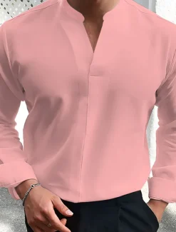 Men's Summer Shirt Casual Shirt Black White Wine Dark Navy Blue Long Sleeve Plain V Neck Street Vacation Sexy Clothing Apparel Fashion Shirts Leisure