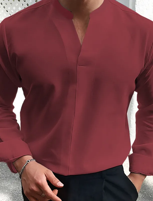 Men's Summer Shirt Casual Shirt Black White Wine Dark Navy Blue Long Sleeve Plain V Neck Street Vacation Sexy Clothing Apparel Fashion Shirts Leisure