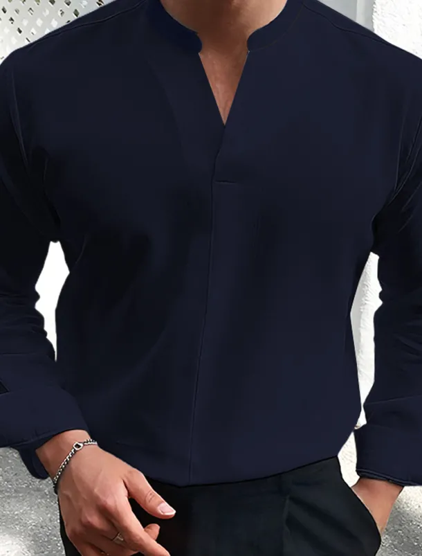 Men's Summer Shirt Casual Shirt Black White Wine Dark Navy Blue Long Sleeve Plain V Neck Street Vacation Sexy Clothing Apparel Fashion Shirts Leisure