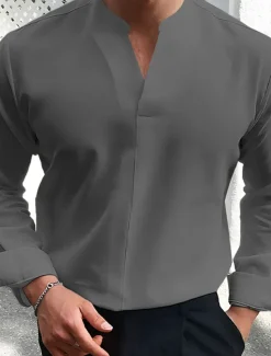 Men's Summer Shirt Casual Shirt Black White Wine Dark Navy Blue Long Sleeve Plain V Neck Street Vacation Sexy Clothing Apparel Fashion Shirts Leisure