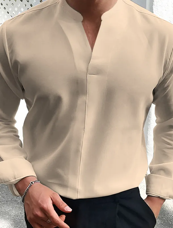 Men's Summer Shirt Casual Shirt Black White Wine Dark Navy Blue Long Sleeve Plain V Neck Street Vacation Sexy Clothing Apparel Fashion Shirts Leisure