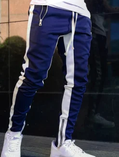 Men's Sweatpants Joggers Tapered pants Trousers Drawstring Elastic Waist Zipper Pocket Color Block Comfort Casual Daily Holiday Sports Stylish Black-White White & Blue Micro-elastic
