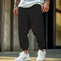 Men's Sweatpants Joggers Trousers Waffle Pants Drawstring Elastic Waist Plain Comfort Soft Full Length Outdoor Casual Daily Sports Fashion Black White