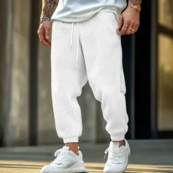 Men's Sweatpants Joggers Trousers Waffle Pants Drawstring Elastic Waist Plain Comfort Soft Full Length Outdoor Casual Daily Sports Fashion Black White