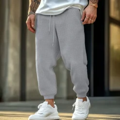 Men's Sweatpants Joggers Trousers Waffle Pants Drawstring Elastic Waist Plain Comfort Soft Full Length Outdoor Casual Daily Sports Fashion Black White