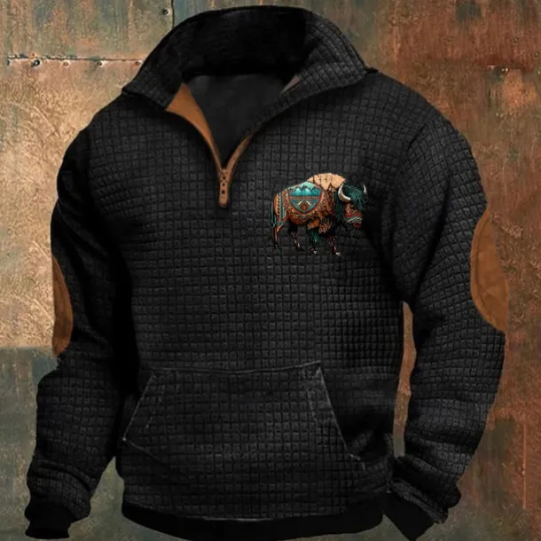 Men's Sweatshirt Waffle Sweatshirt Quarter Zip Sweatshirt Black Navy Blue Khaki Dark Gray Gray Half Zip Graphic Cow Print Patchwork Front Pocket Quarter Zip Daily Holiday Going out Polyester