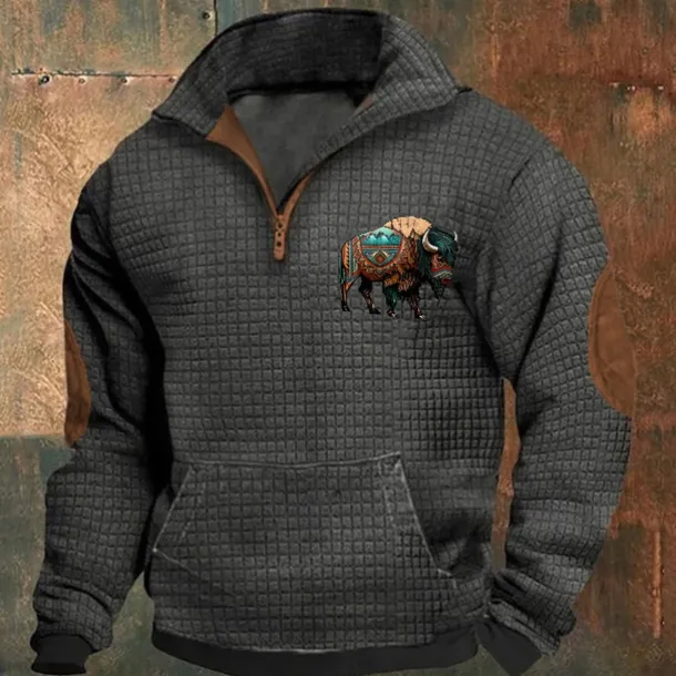 Men's Sweatshirt Waffle Sweatshirt Quarter Zip Sweatshirt Black Navy Blue Khaki Dark Gray Gray Half Zip Graphic Cow Print Patchwork Front Pocket Quarter Zip Daily Holiday Going out Polyester