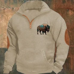 Men's Sweatshirt Waffle Sweatshirt Quarter Zip Sweatshirt Black Navy Blue Khaki Dark Gray Gray Half Zip Graphic Cow Print Patchwork Front Pocket Quarter Zip Daily Holiday Going out Polyester