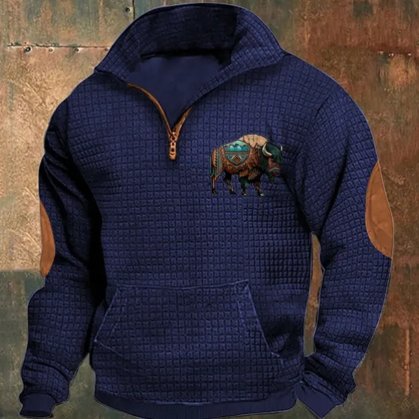 Men's Sweatshirt Waffle Sweatshirt Quarter Zip Sweatshirt Black Navy Blue Khaki Dark Gray Gray Half Zip Graphic Cow Print Patchwork Front Pocket Quarter Zip Daily Holiday Going out Polyester