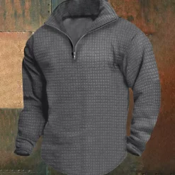 Men's Sweatshirt Waffle Sweatshirt Quarter Zip Sweatshirt Black White Wine Army Green Khaki Half Zip Plain Ribbed Quarter Zip Textured Christmas Daily Holiday non-printing Polyester Streetwear Casual