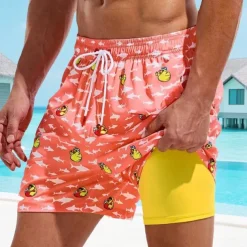 Men's Swim Shorts Board Shorts Swim Trunks Print Quick dry Breathable Drawstring Elastic Waist With Compression Liner Vacation Beach Hawaiian Casual Lake Blue Pink